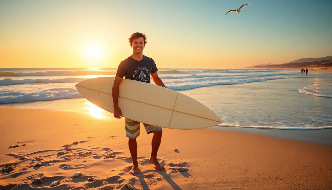 young man at the beach with a surfboard during sunset.